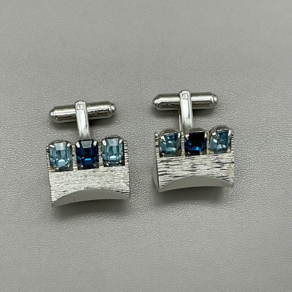 Vintage Blue Rhinestone Silver Tone Cufflinks Mid Century Modern Formal Mens